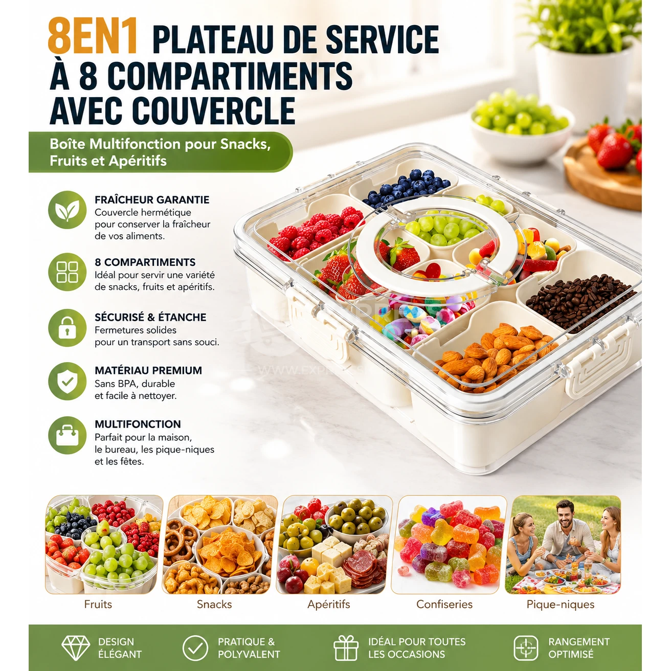 8en1 Plateau de Service à 8 Compartiments avec Couvercle – Boîte Multifonction pour Snacks, Fruits et Apéritifs