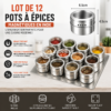 Lot de 12 pots à épices magnétiques en INOX avec couvercles et châssis