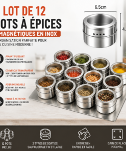 Lot de 12 pots à épices magnétiques en INOX avec couvercles et châssis