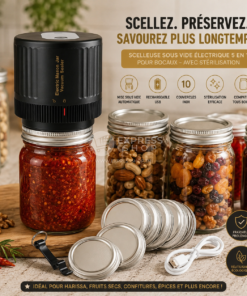 Scelleuse sous vide électrique rechargeable 5en1 avec 10 couvercles réutilisables en inox – Compatible avec tous les bocaux, avec stérilisation
