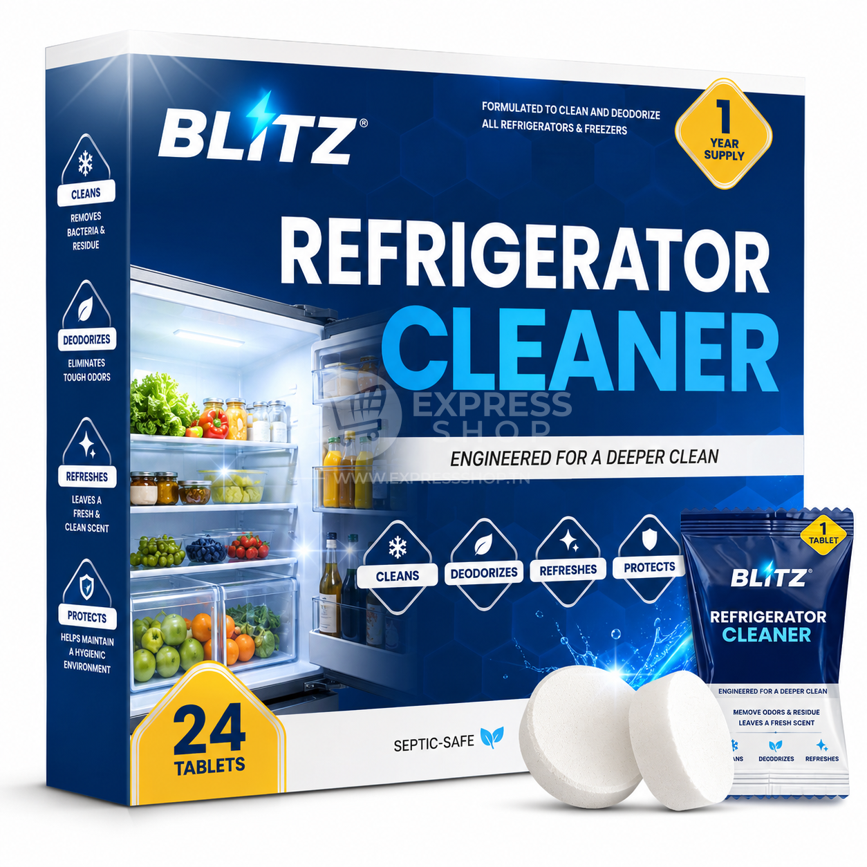 BLITZ - 24 Tablettes Nettoyant pour Réfrigérateur et Machine à Glaçons |  Complet pour 12 Mois