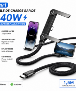 2en1 Câble de Charge Rapide 240W (1,5m) avec Support Pliable Intégré – Cordon Robuste pour Smartphones et Tablettes