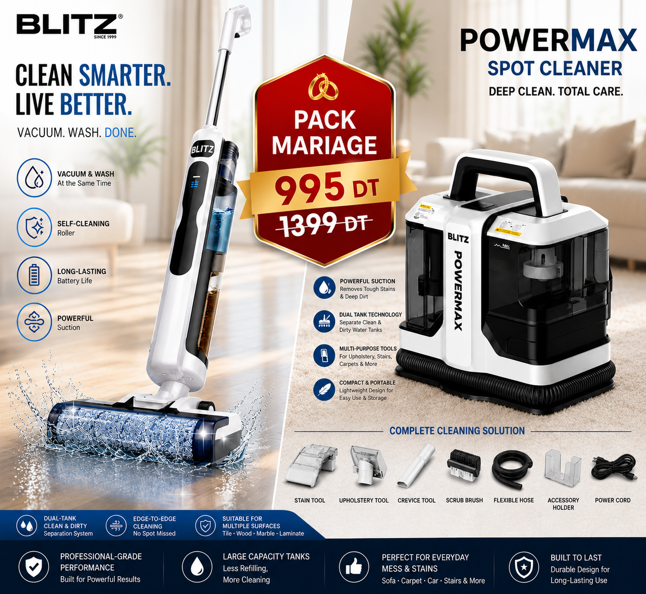 Blitz® Pack Mariage Aspirateur Laveur Sans Fil + Aspirateur Nettoyeur de Taches PowerMax