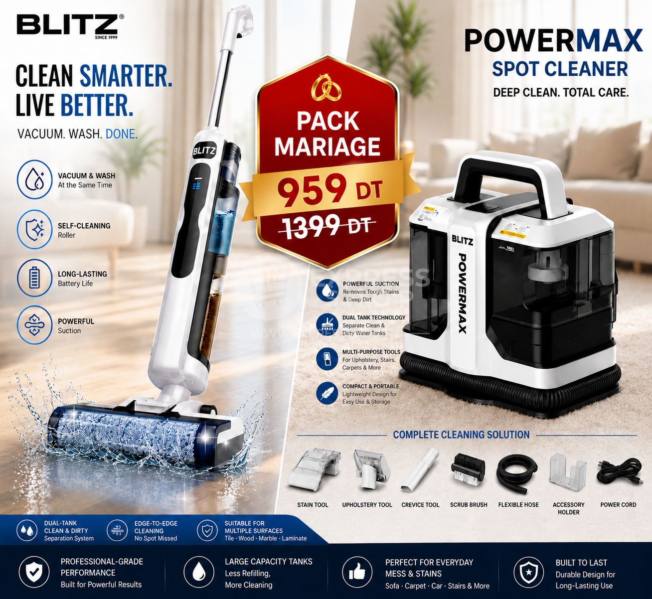 Blitz® Pack Mariage Aspirateur Laveur Sans Fil + Aspirateur Nettoyeur de Taches PowerMax