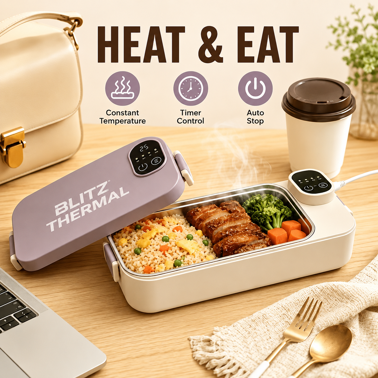 Blitz® 4en1 Boîte Repas Chauffante Électrique Rechargeable En Inox avec Affichage de Température