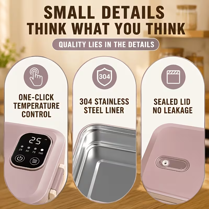 Blitz® 4en1 Boîte Repas Chauffante Électrique Rechargeable En Inox avec Affichage de Température