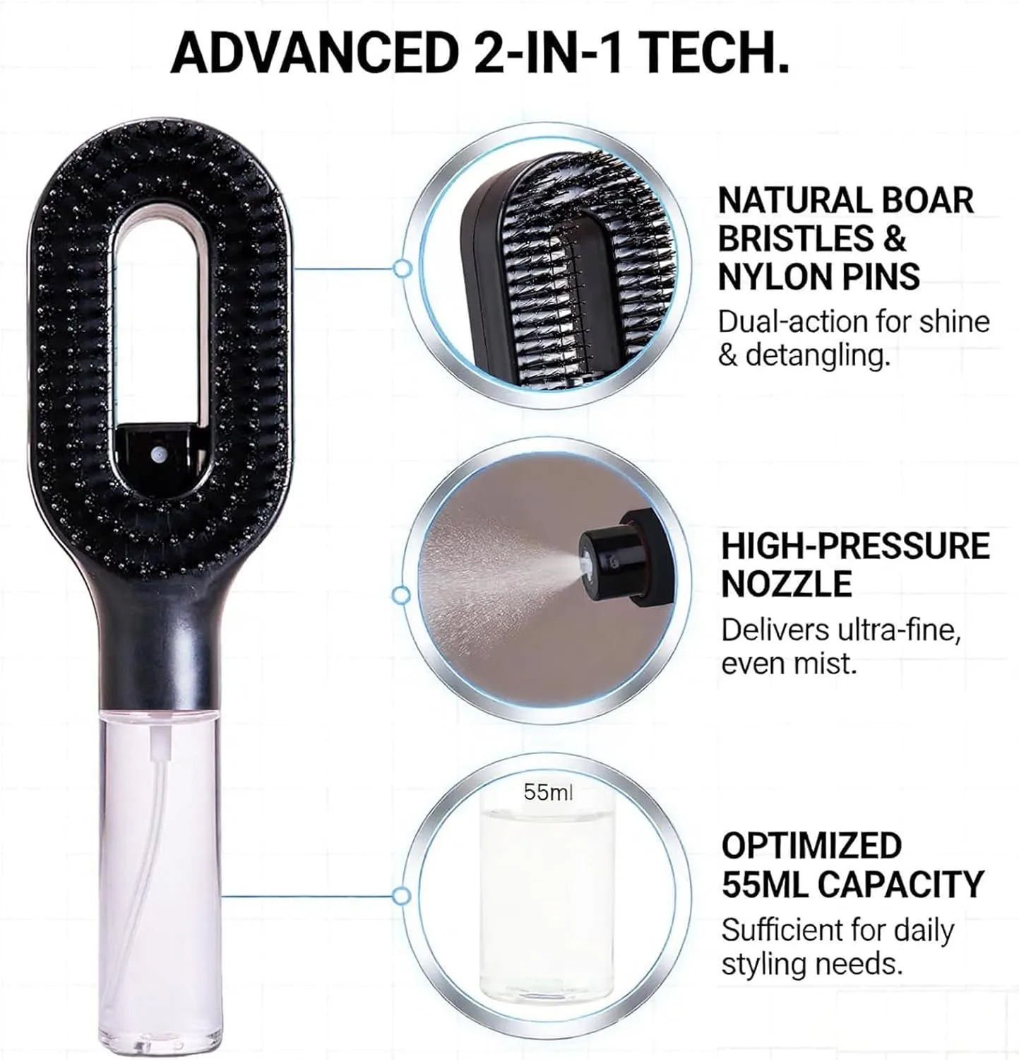 2en1 Brosse Démêlante Cheveux  avec Pulvérisateur Intégré 50 ml Anti Nœuds et Anti Frisottis