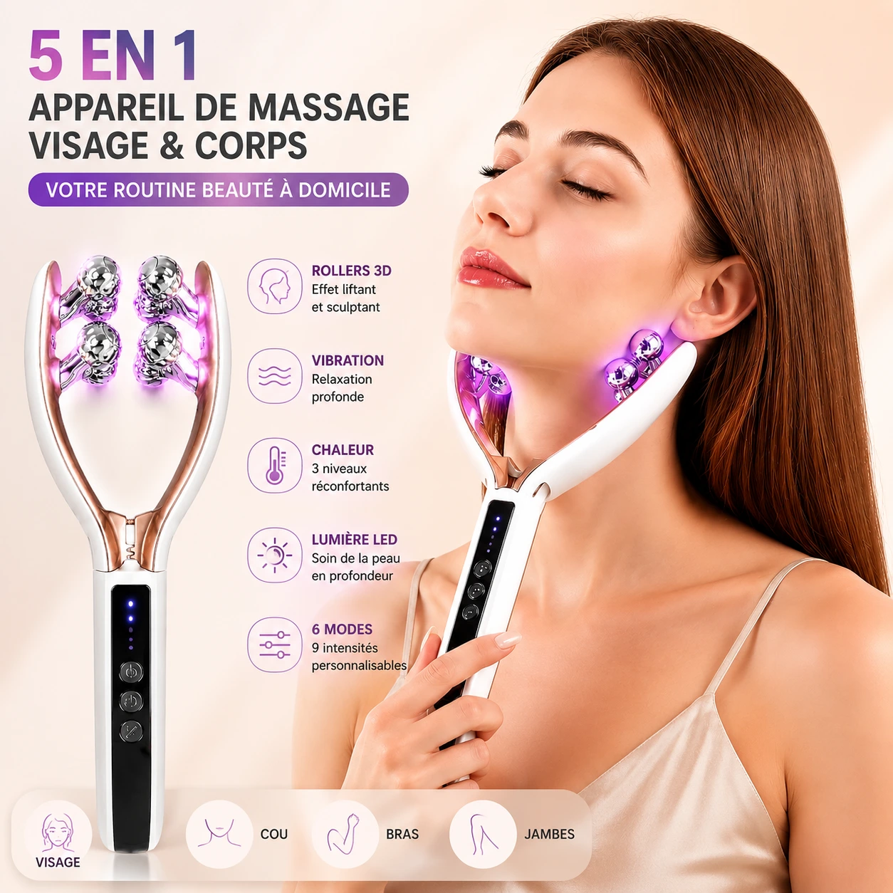 5en1 Appareil de Massage Visage et Corps sans fils pour Sculpter le Visage et Raffermir la Peau