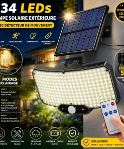 4en1 Lampe Solaire Extérieure avec Détecteur de Mouvement – Éclairage LED Solaire IP65 Étanche avec Télécommande