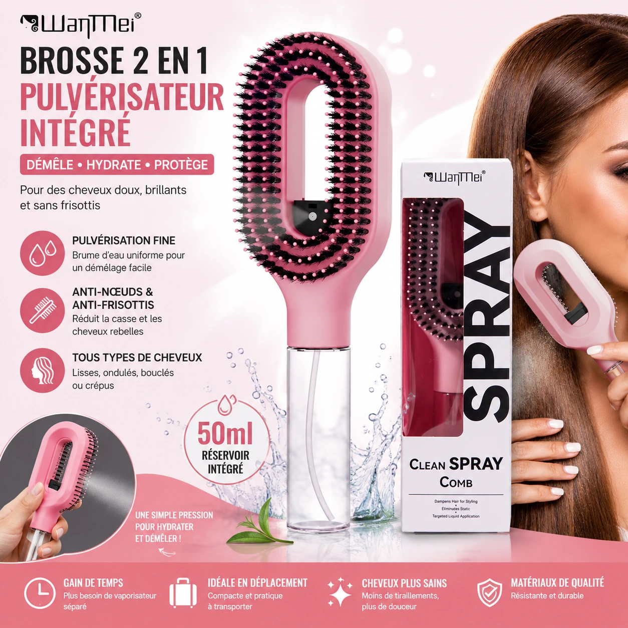 2en1 Brosse Démêlante Cheveux  avec Pulvérisateur Intégré 50 ml Anti Nœuds et Anti Frisottis