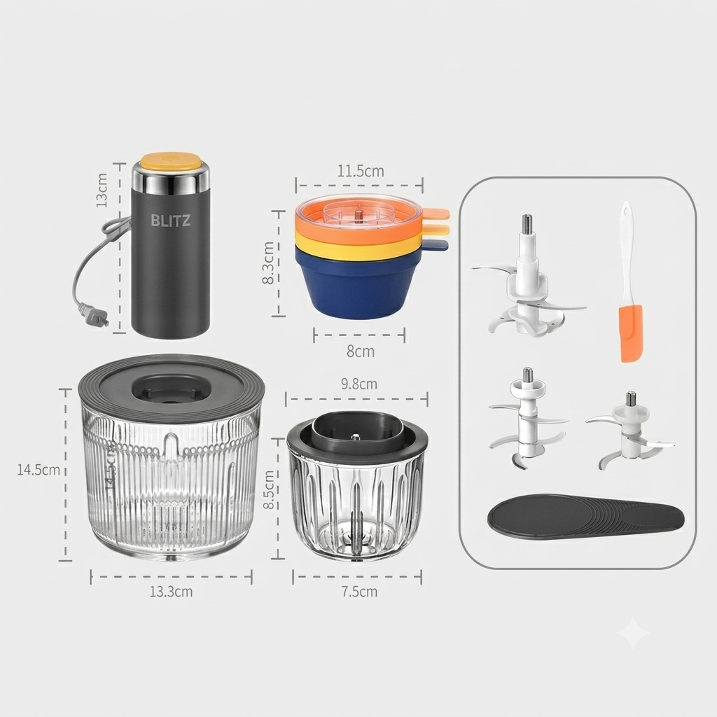 Blitz®–14en1 Hachoir Électrique Multifonction - Lames en Acier Inoxydable & Bols Multi-Usages pour Cuisine