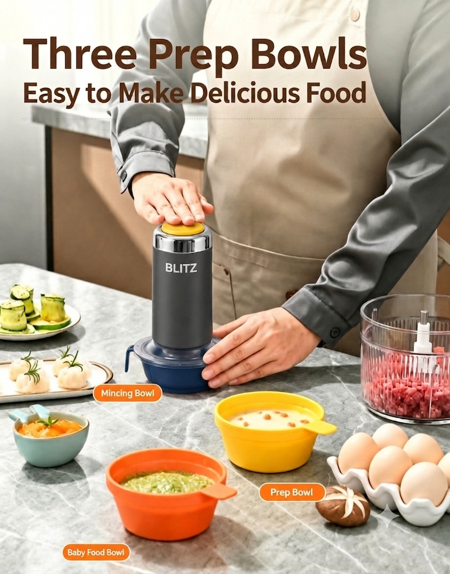 Blitz®–14en1 Hachoir Électrique Multifonction - Lames en Acier Inoxydable & Bols Multi-Usages pour Cuisine