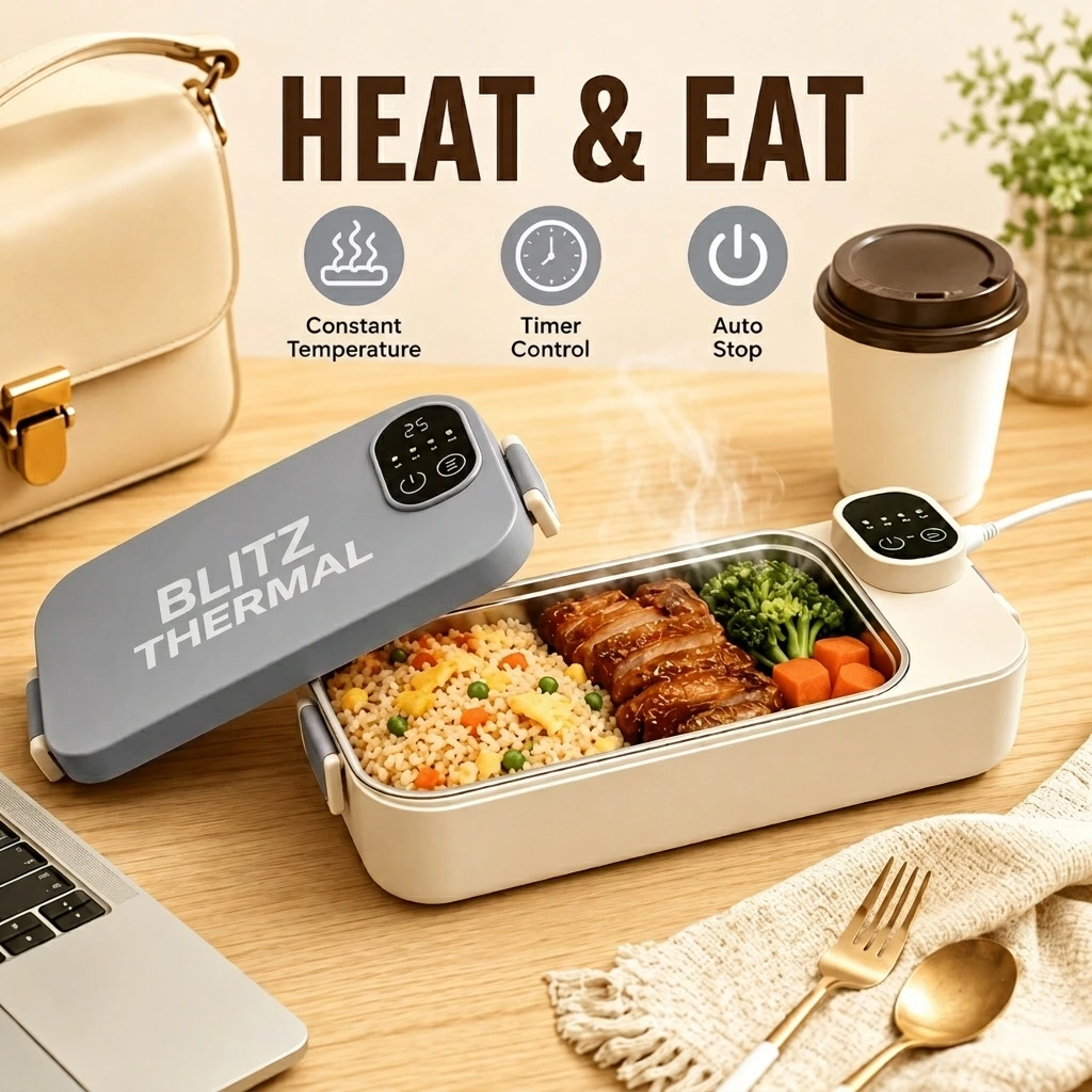 Blitz® 4en1 Boîte Repas Chauffante Électrique Rechargeable En Inox avec Affichage de Température