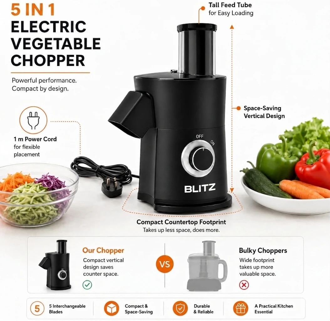 Blitz® – 5en1 Râpe Et Trancheuse Électrique multifonction avec lames en INOX pour une cuisine saine