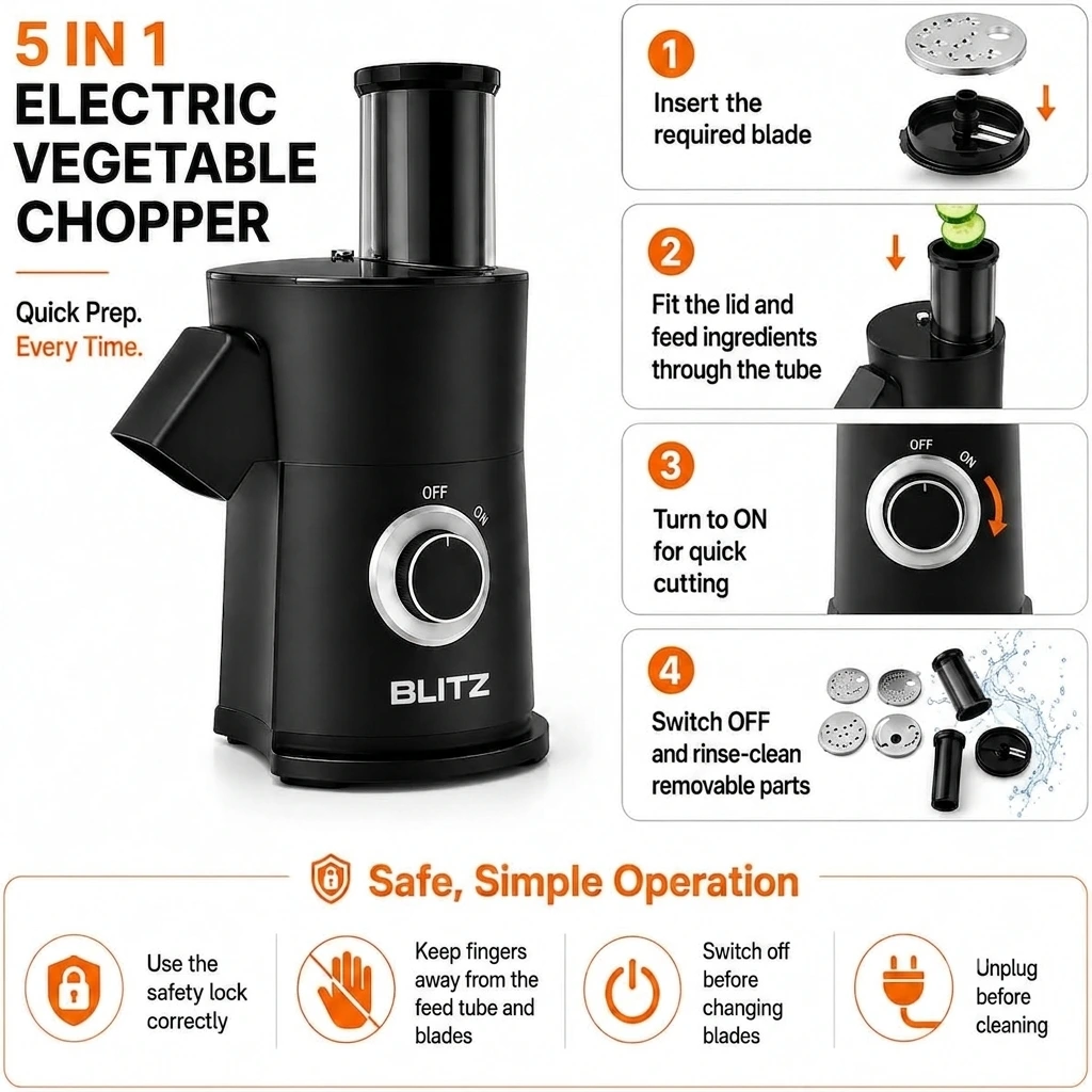 Blitz® – 5en1 Râpe Et Trancheuse Électrique multifonction avec lames en INOX pour une cuisine saine