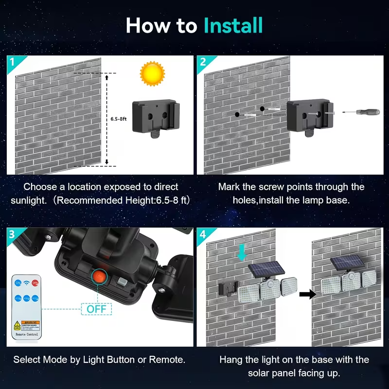 4en1 Applique Murale Solaire Extérieure 3 Têtes Orientables avec Détecteur de Mouvement – Éclairage Jardin, Garage & Entrée
