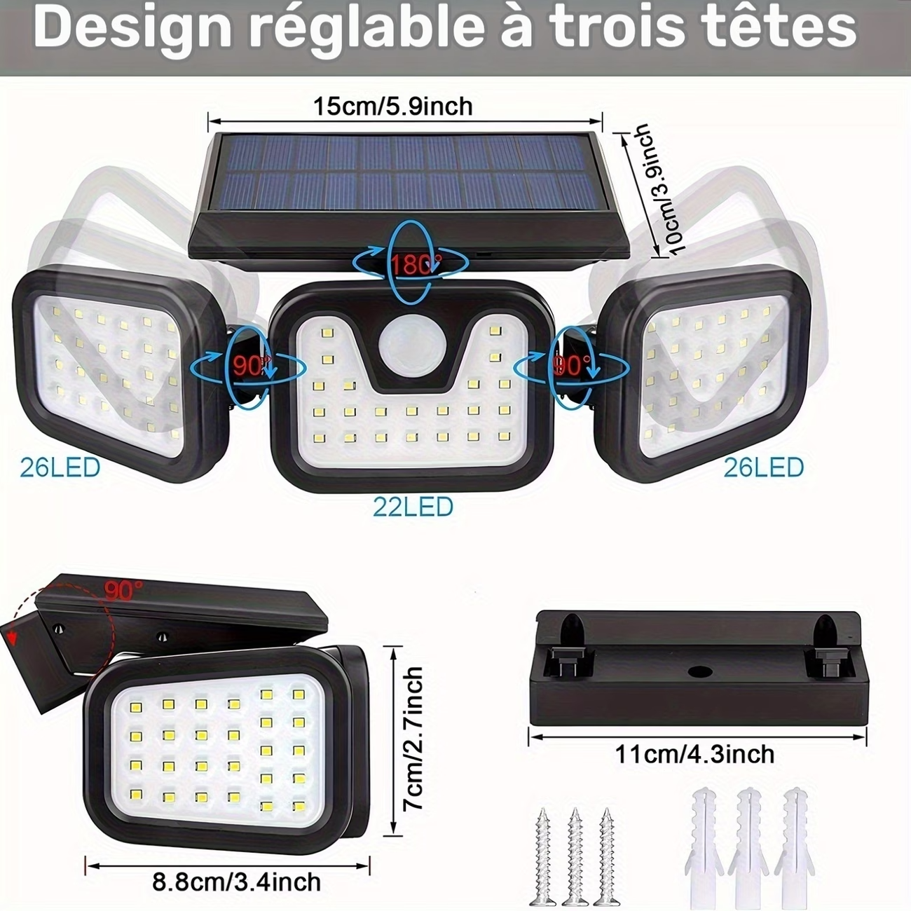 4en1 Applique Murale Solaire Extérieure 3 Têtes Orientables avec Détecteur de Mouvement – Éclairage Jardin, Garage & Entrée
