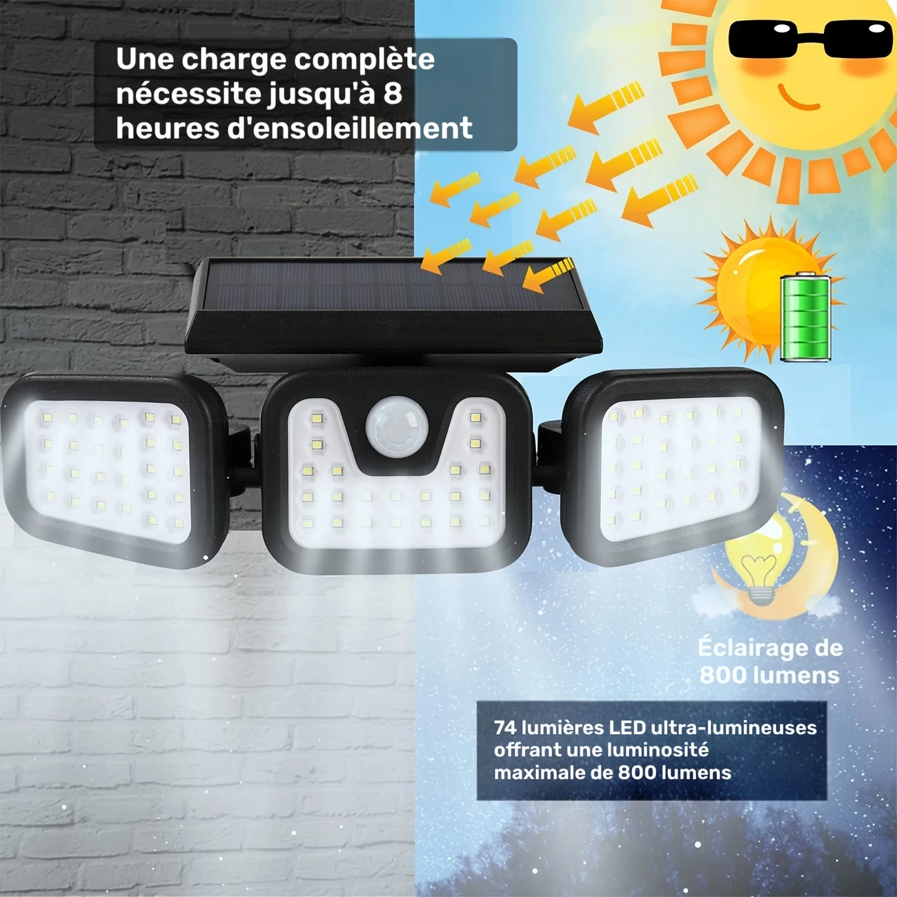 4en1 Applique Murale Solaire Extérieure 3 Têtes Orientables avec Détecteur de Mouvement – Éclairage Jardin, Garage & Entrée