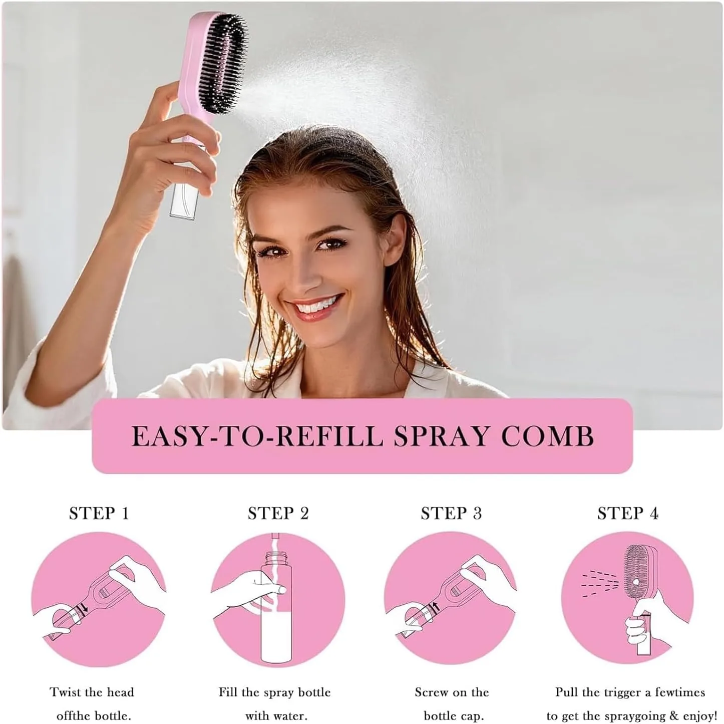 2en1 Brosse Démêlante Cheveux  avec Pulvérisateur Intégré 50 ml Anti Nœuds et Anti Frisottis