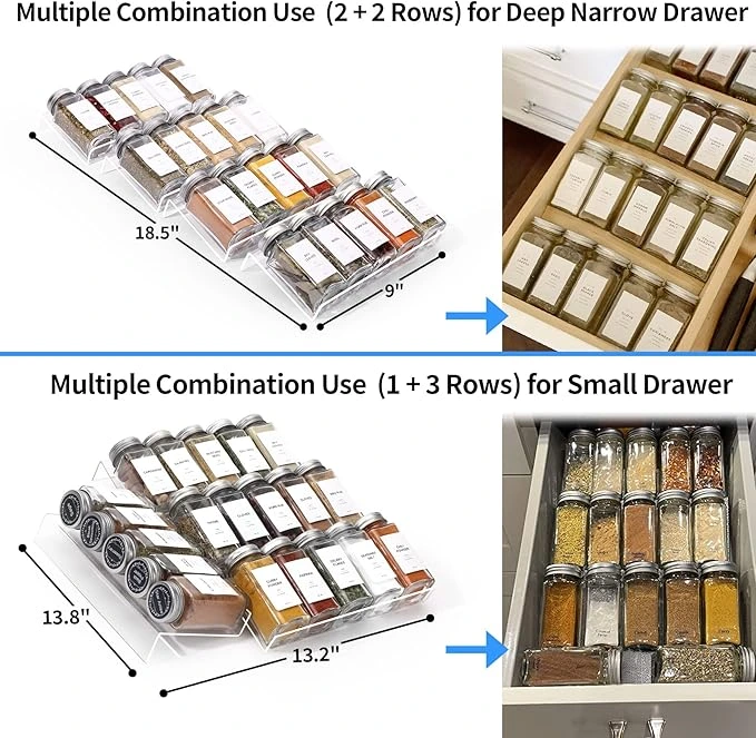 4en1 Organisateur de Tiroir à Épices Extensible Transparent Réglable Cuisine