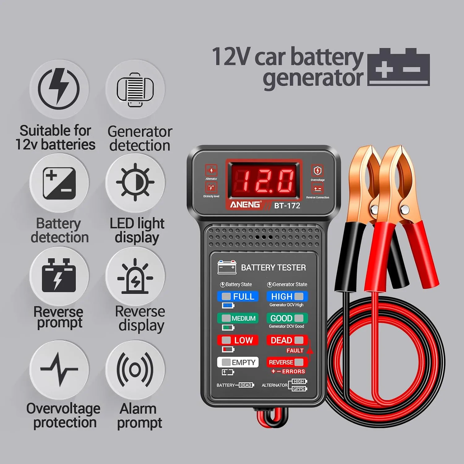 2en1 Testeur de Batterie Voiture et Moto Digital avec Contrôle Alternateur et Affichage LED