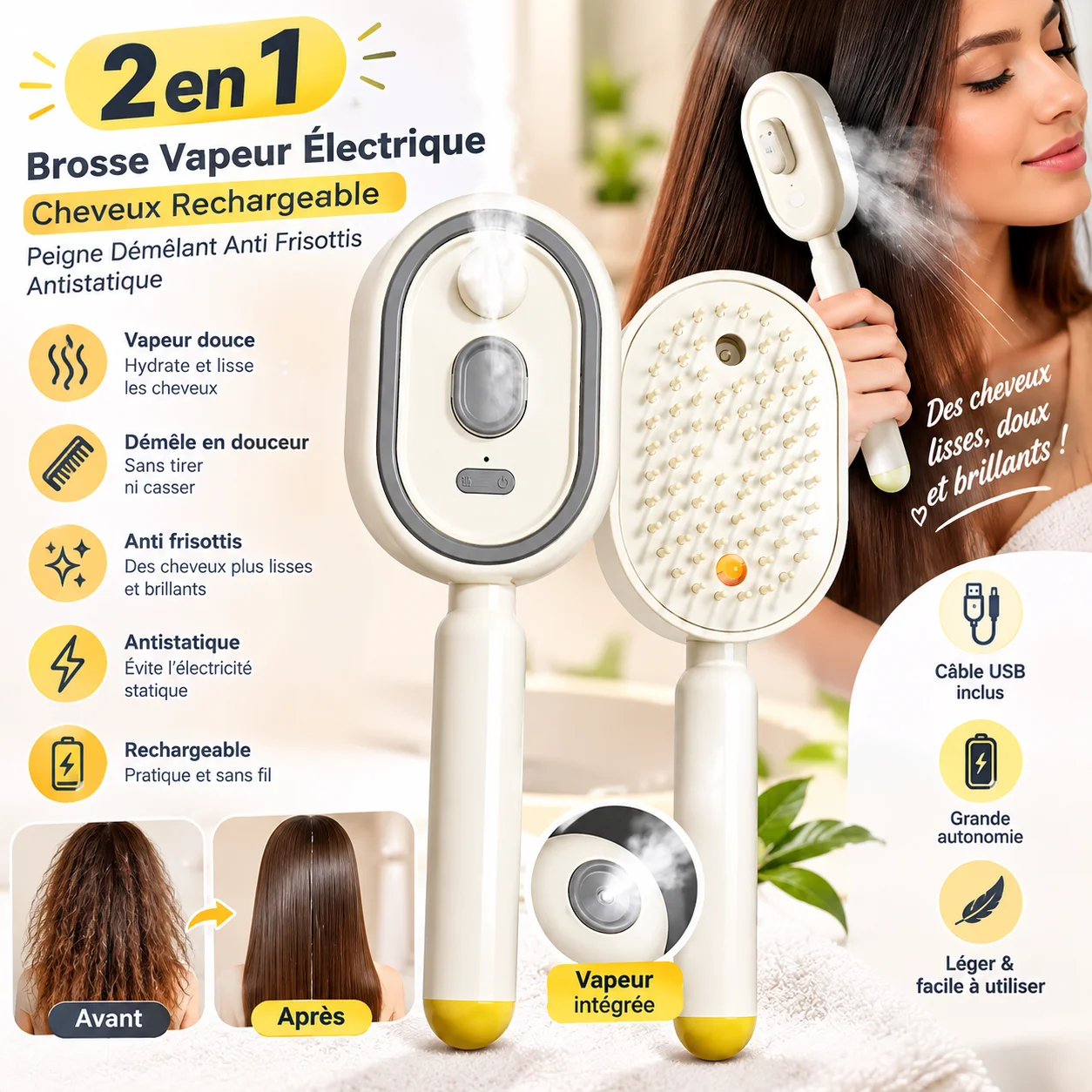 2en1 Brosse Vapeur Électrique Cheveux Rechargeable Peigne Démêlant Anti Frisottis Antistatique