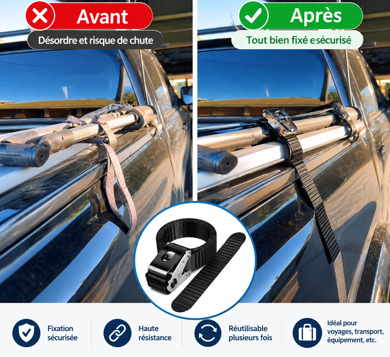 2en1 Sangle de Fixation à Cliquet Réutilisable Haute Résistance pour Véhicule et Transport