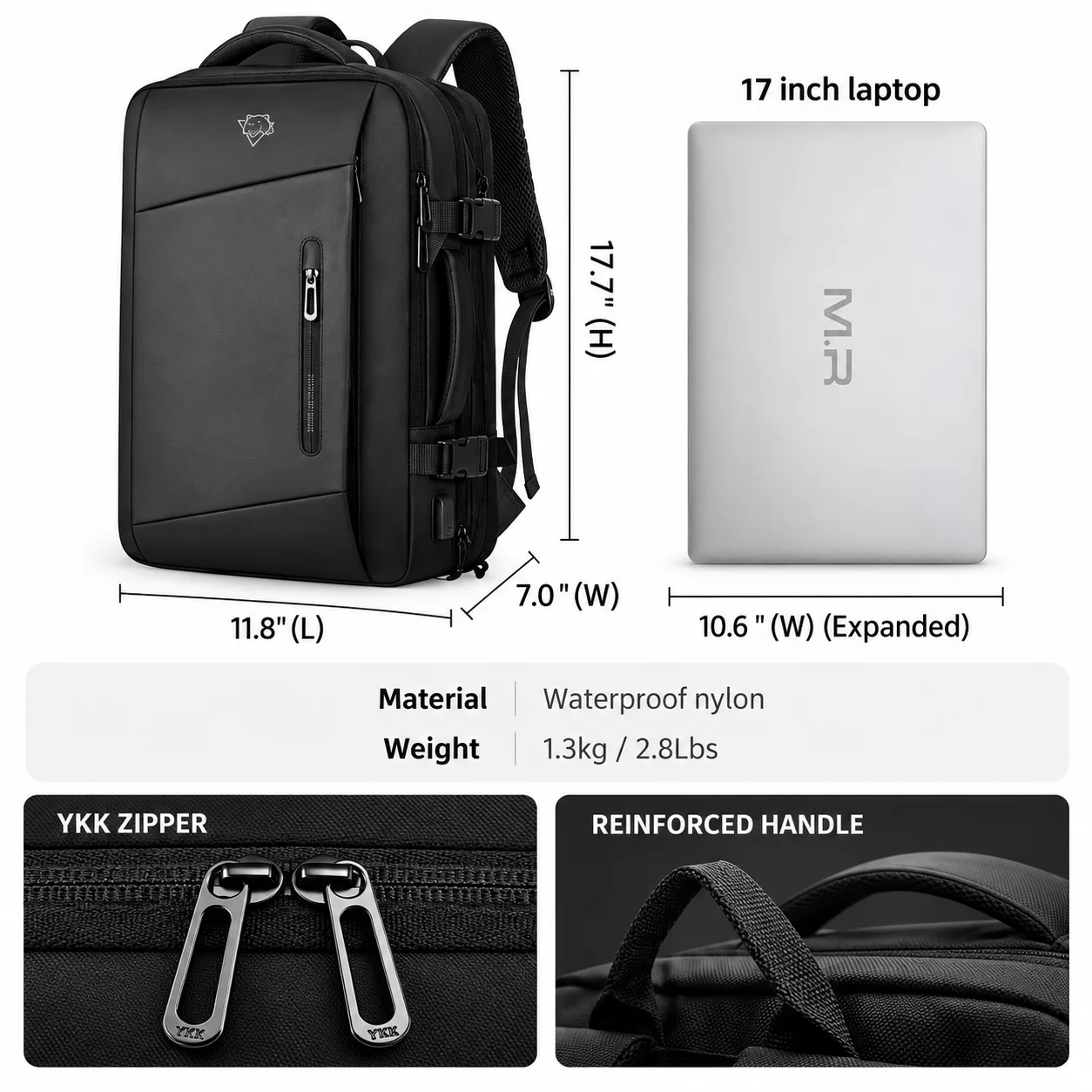 BearBags - 5en1 Sac À Dos Extensible Ordinateur Professionnel Étanche Chargement USB Homme Femme