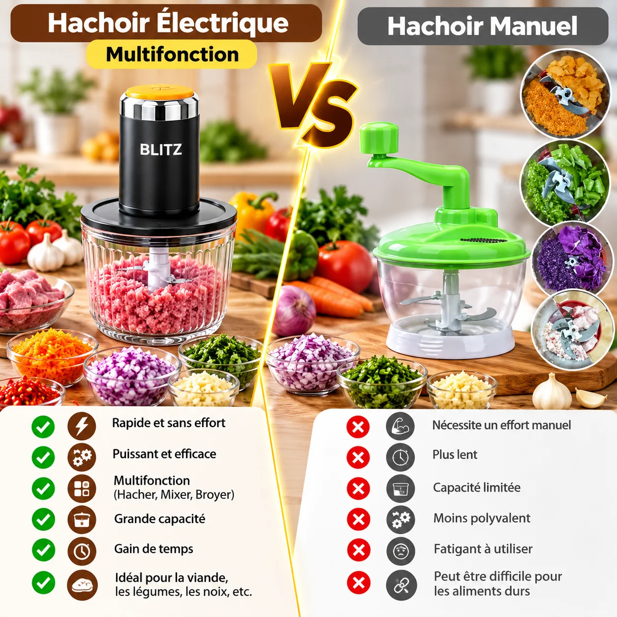 Blitz®–14en1 Hachoir Électrique Multifonction - Lames en Acier Inoxydable & Bols Multi-Usages pour Cuisine