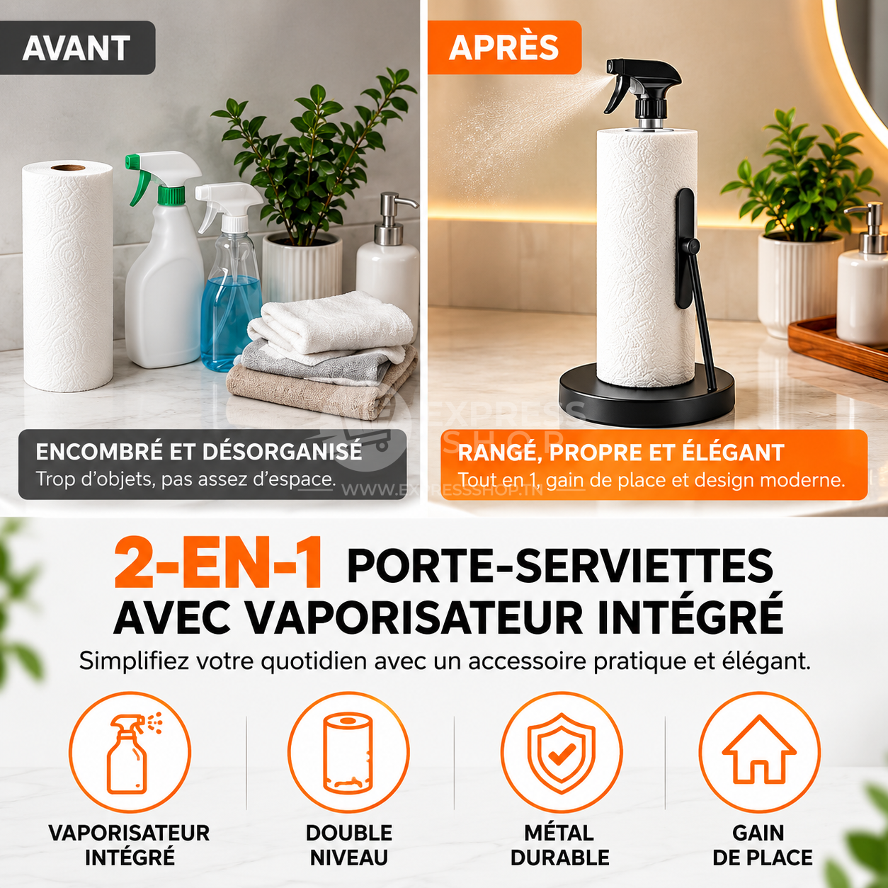 2en1 Porte-Serviettes en Papier avec Vaporisateur Intégré – Support Vertical Moderne pour Cuisine & Salle de Bain