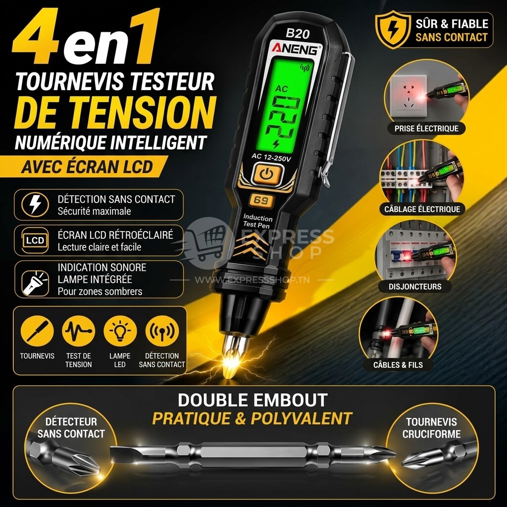4en1 Tournevis Testeur de Tension Numérique Intelligent avec Détection Sans Contact et Écran LCD