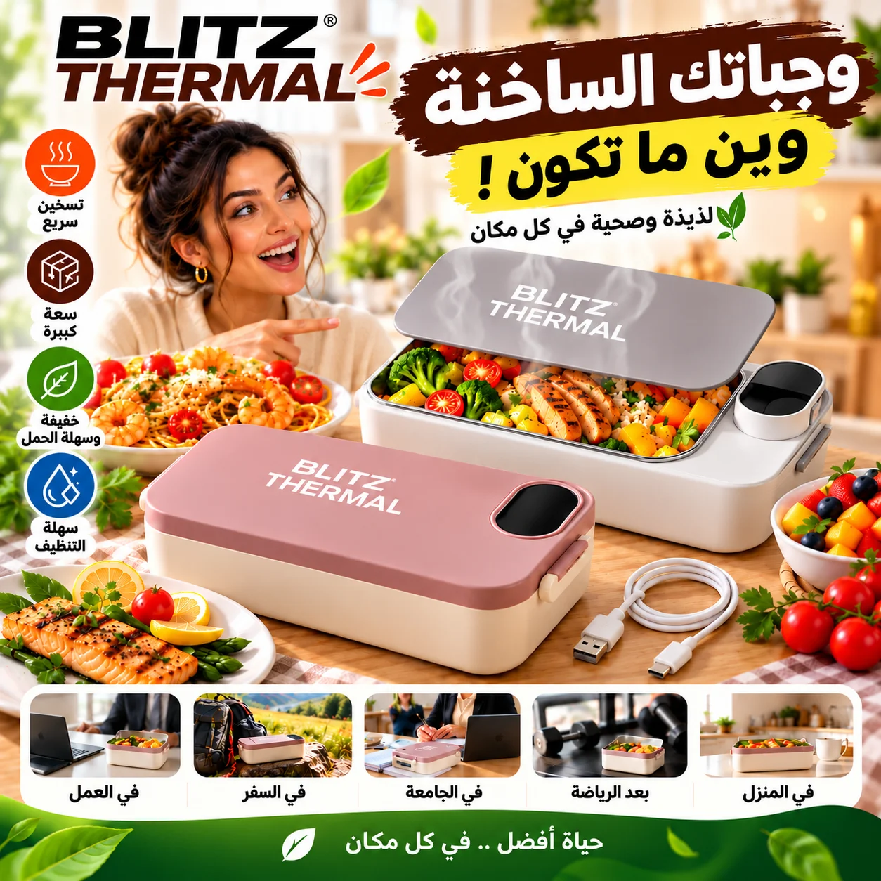 Blitz® 4en1 Boîte Repas Chauffante Électrique Rechargeable En Inox avec Affichage de Température