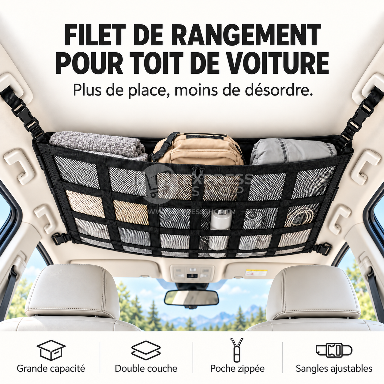 Filet de Rangement de Toit pour Voiture Grande Capacité – Organisateur de Plafond Double Couche, Ultra Résistant