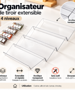 4en1 Organisateur de Tiroir à Épices Extensible Transparent Réglable Cuisine