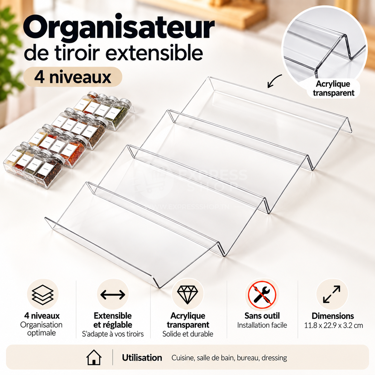 4en1 Organisateur de Tiroir à Épices Extensible Transparent Réglable Cuisine