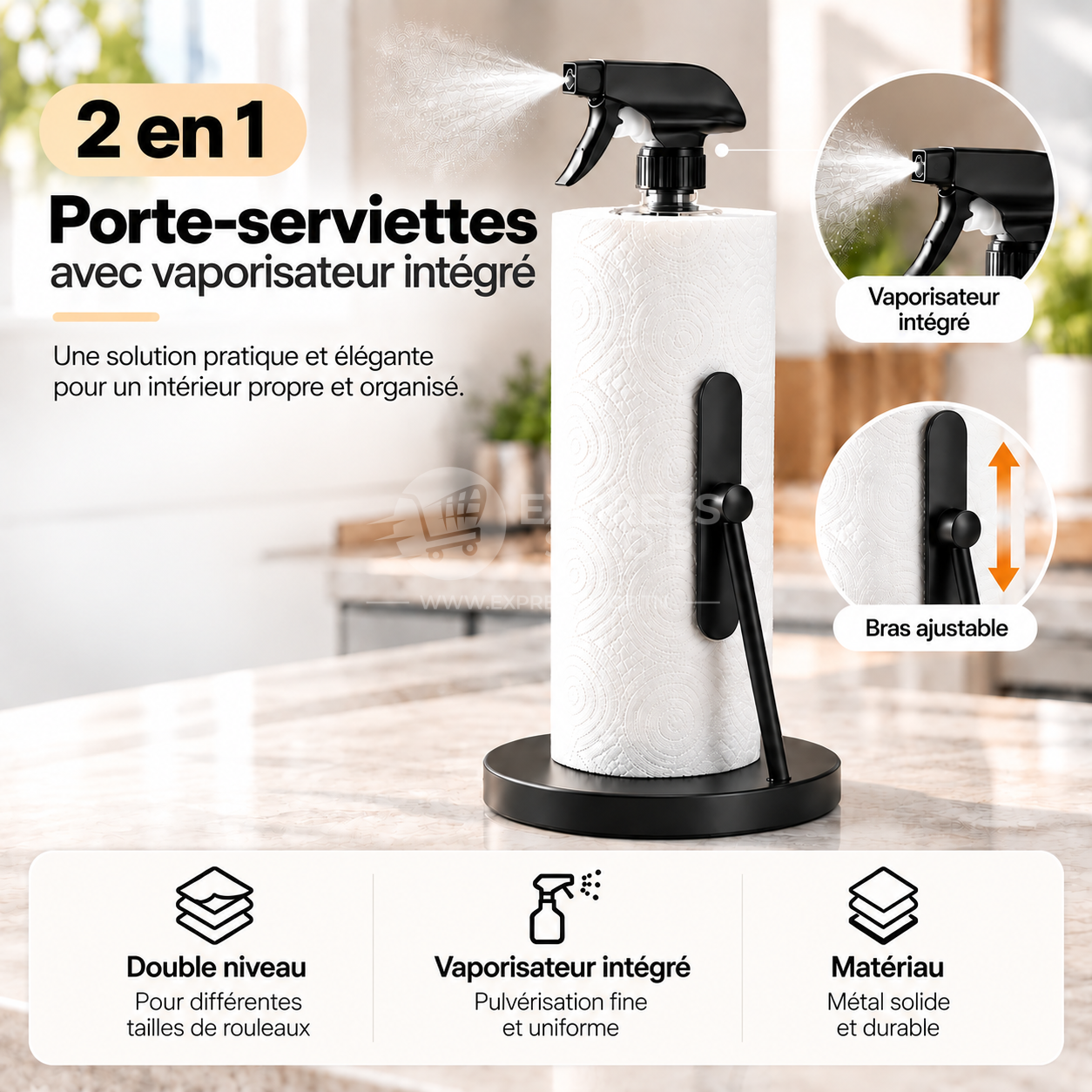 2en1 Porte-Serviettes en Papier avec Vaporisateur Intégré – Support Vertical Moderne pour Cuisine & Salle de Bain