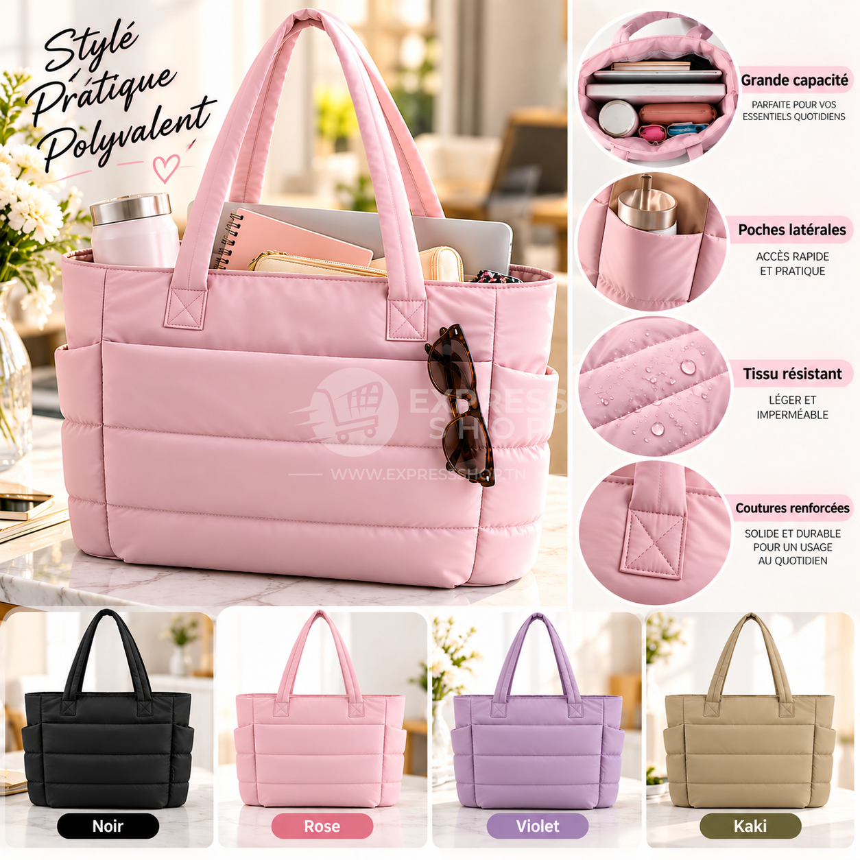 Sac matelassé rose « Kaki » gracieusement présenté