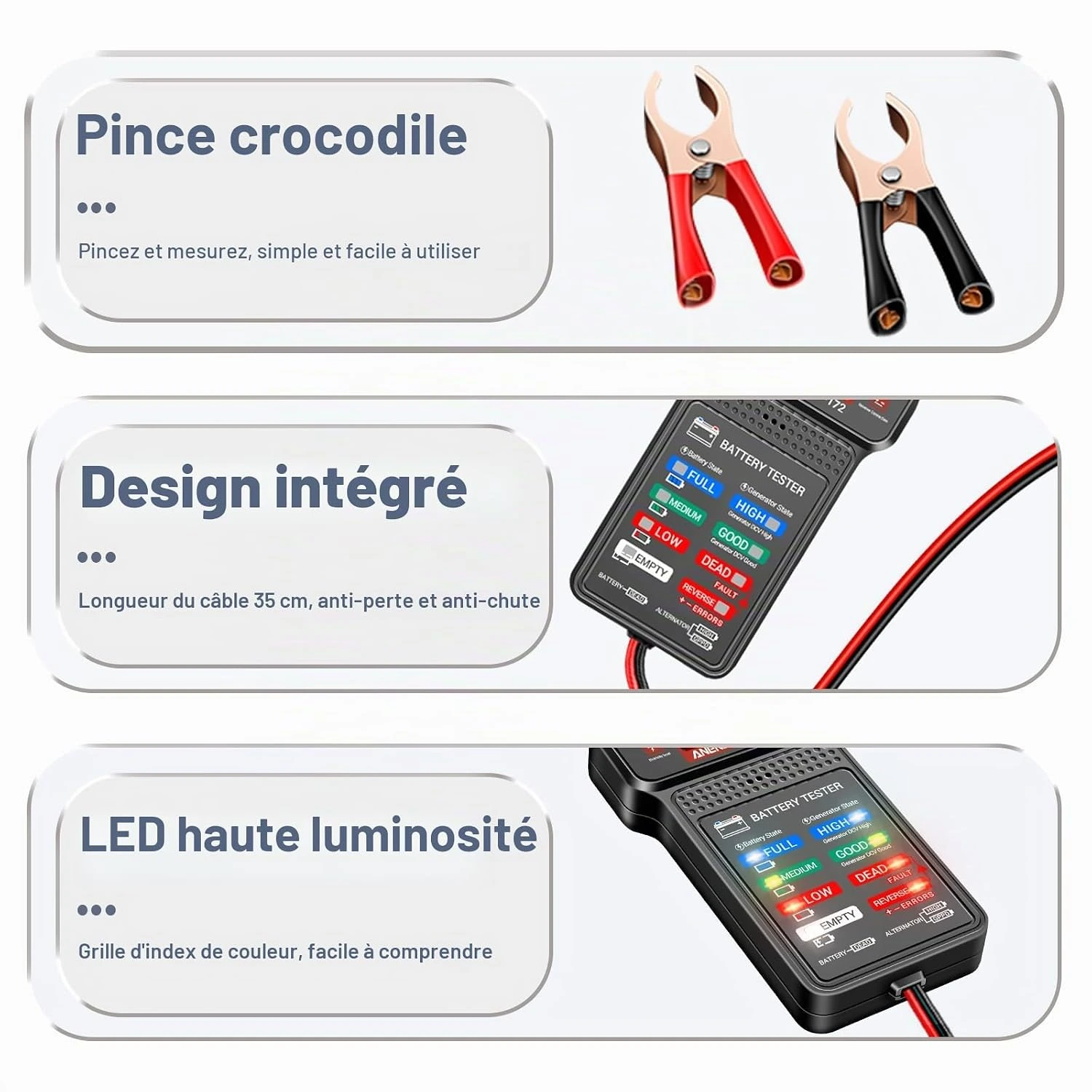 2en1 Testeur de Batterie Voiture et Moto Digital avec Contrôle Alternateur et Affichage LED