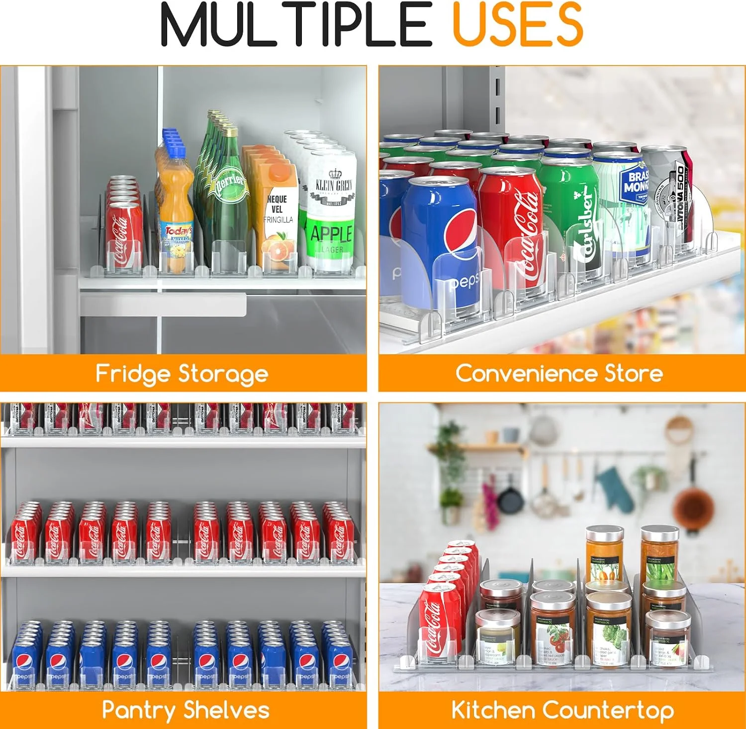 2en1 Organisateur de Boissons Multifonction avec Poussoir Automatique pour Réfrigérateur Comptoir et Étagère