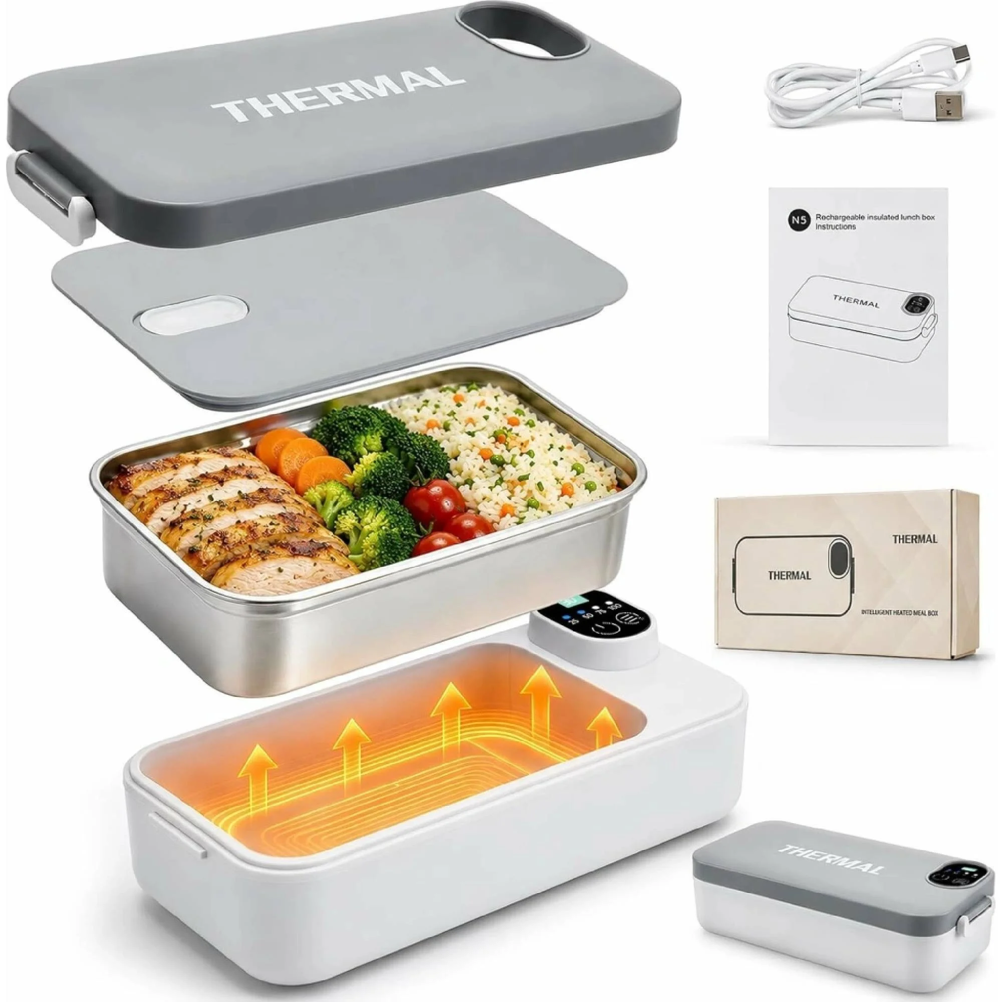 Blitz® 4en1 Boîte Repas Chauffante Électrique Rechargeable En Inox avec Affichage de Température