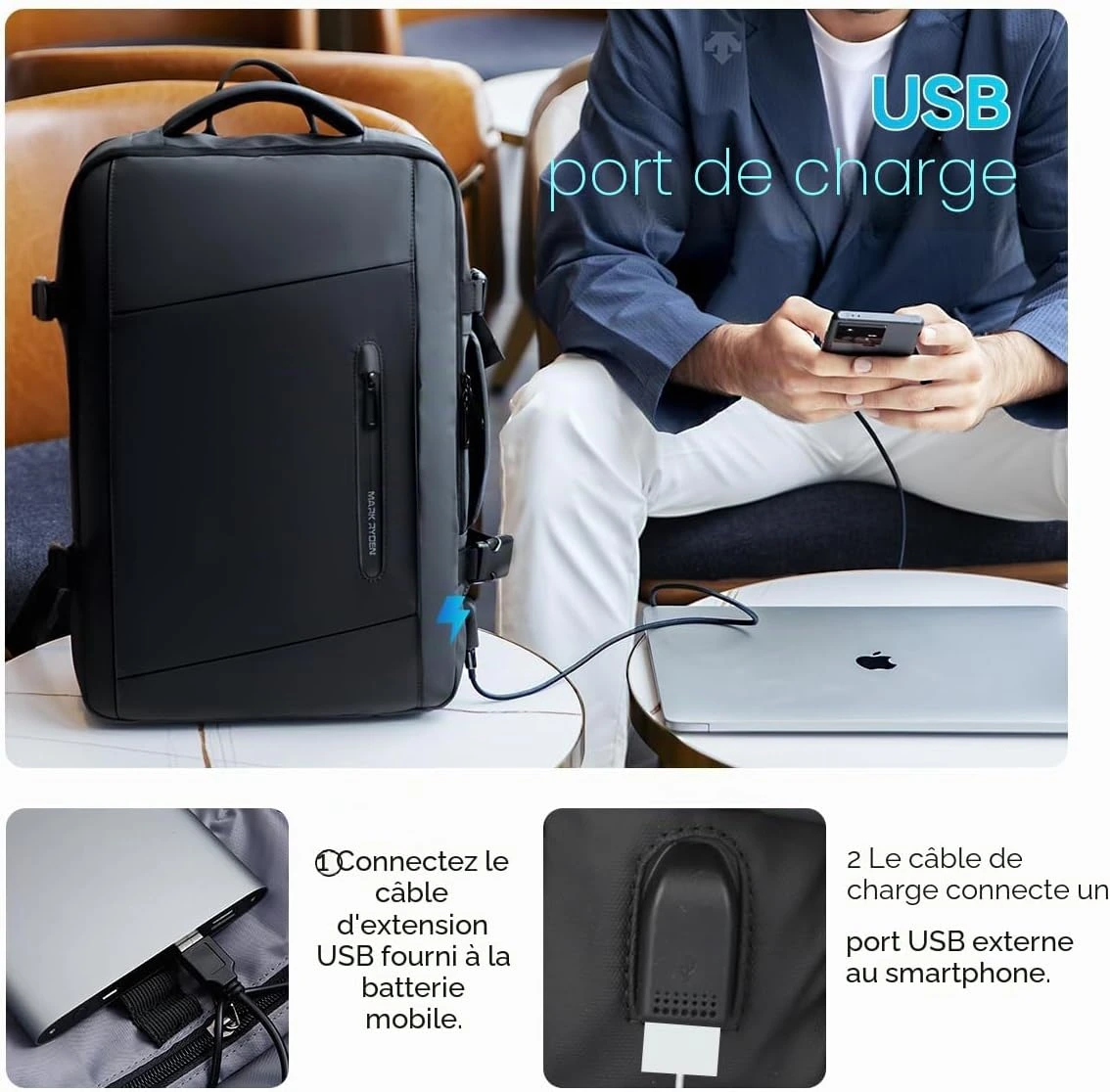 BearBags - 5en1 Sac À Dos Extensible Ordinateur Professionnel Étanche Chargement USB Homme Femme