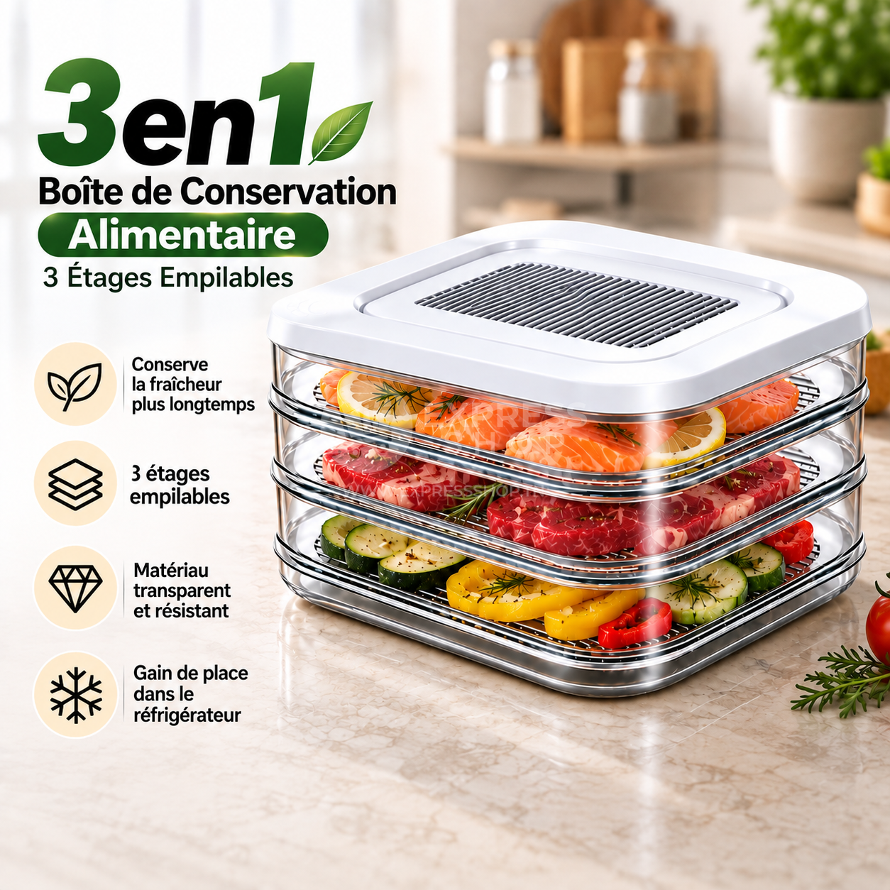 3en1 Boîte de Conservation Alimentaire 3 Étages Empilables pour Charcuterie Viande et Fromage