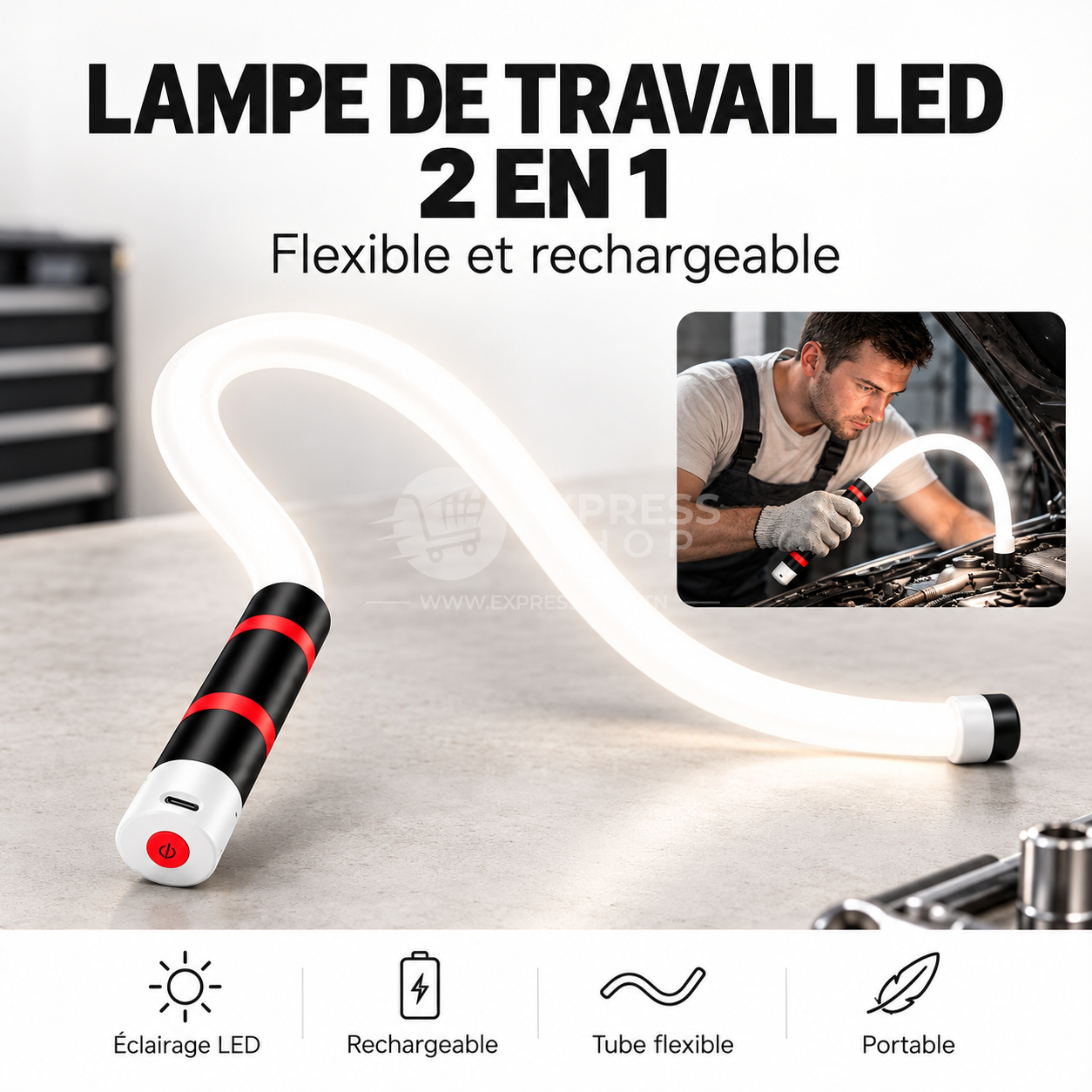 2en1 Lampe de travail LED Flexible Rechargeable pour Inspection Automobile et Mécanicien