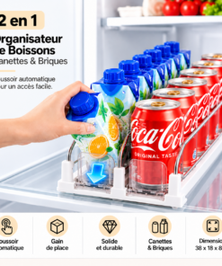 2en1 Organisateur de Boissons Multifonction avec Poussoir Automatique pour Réfrigérateur Comptoir et Étagère