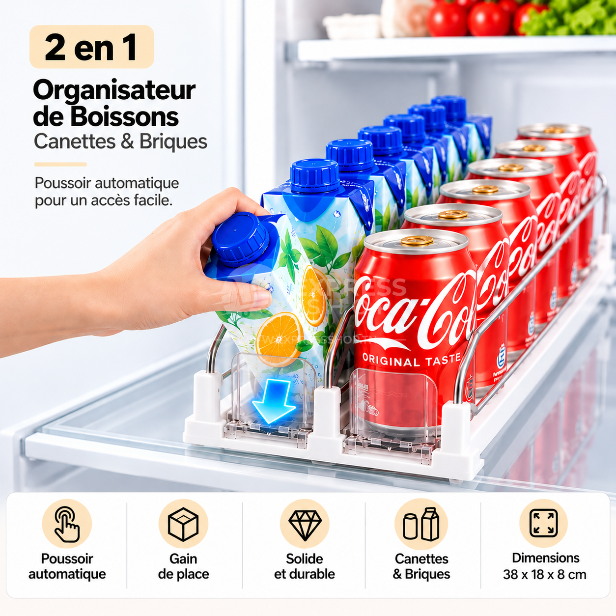 2en1 Organisateur de Boissons Multifonction avec Poussoir Automatique pour Réfrigérateur Comptoir et Étagère
