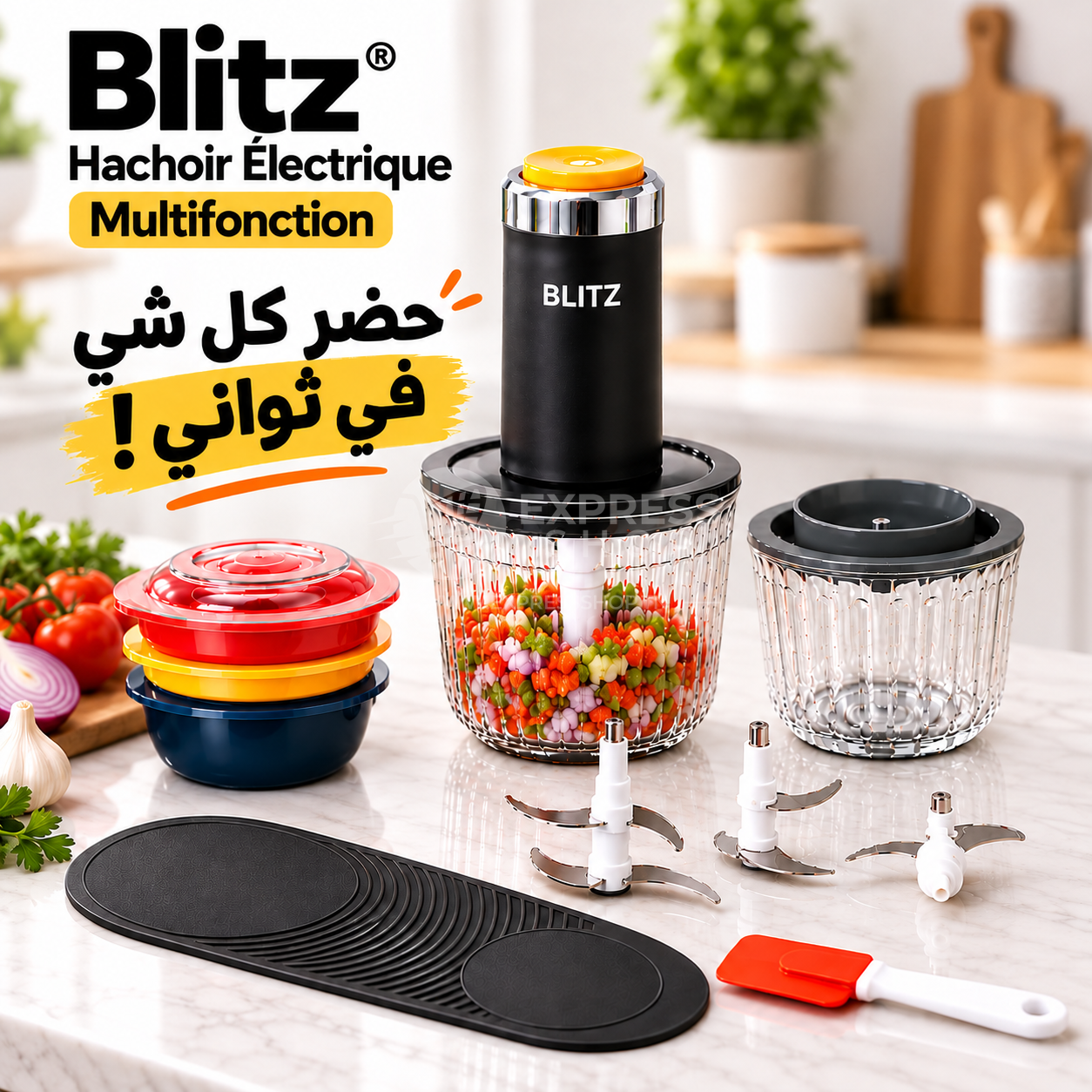 Blitz®–14en1 Hachoir Électrique Multifonction - Lames en Acier Inoxydable & Bols Multi-Usages pour Cuisine