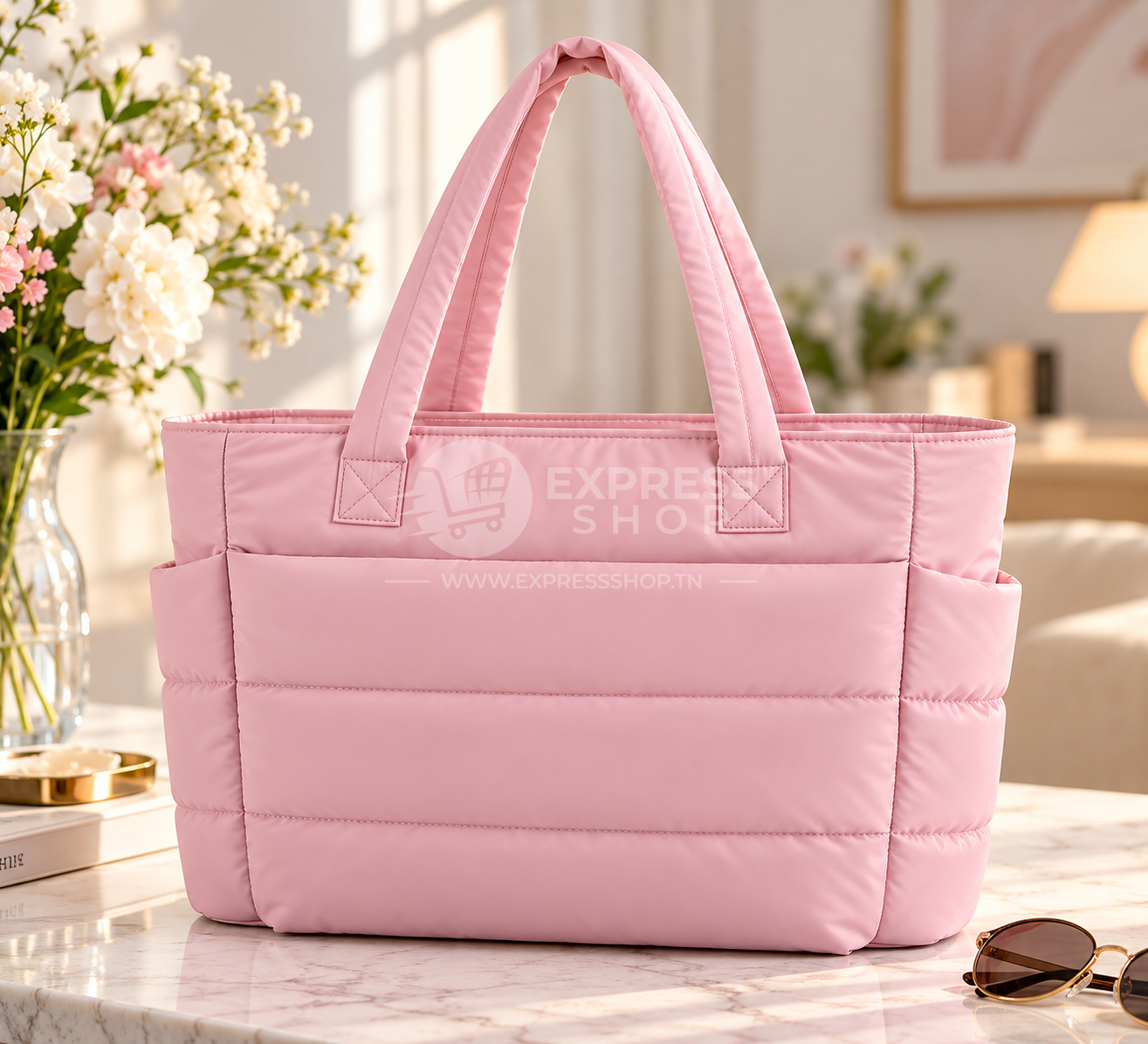 Sac rose matelassé dans un intérieur élégant Sac rose matelassé dans un intérieur élégant