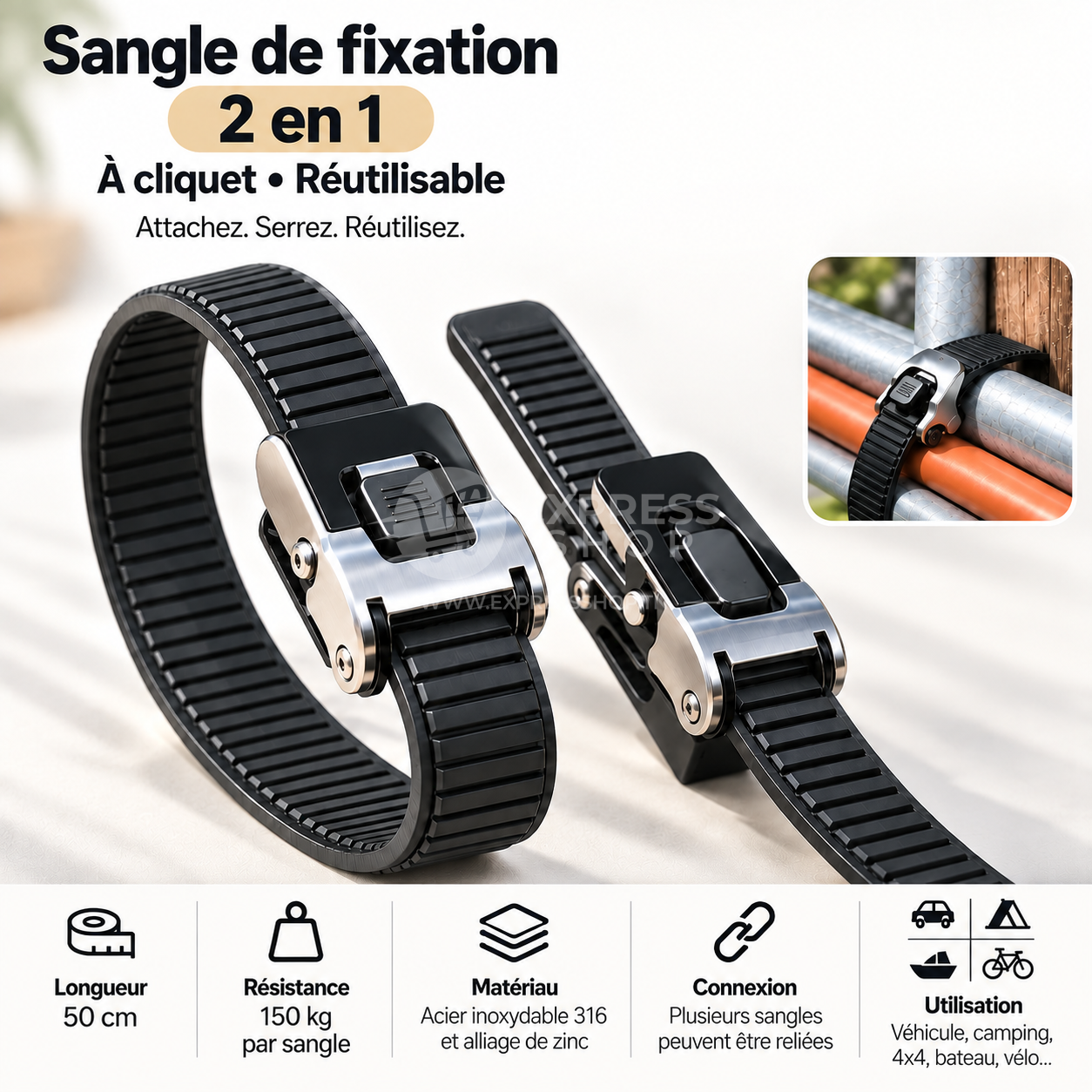2en1 Sangle de Fixation à Cliquet Réutilisable Haute Résistance pour Véhicule et Transport