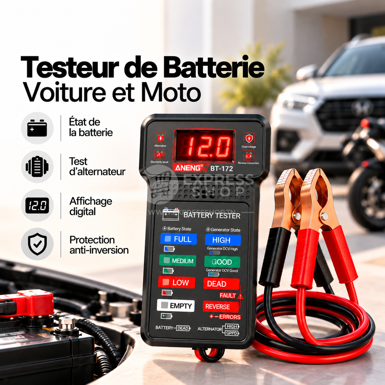2en1 Testeur de Batterie Voiture et Moto Digital avec Contrôle Alternateur et Affichage LED